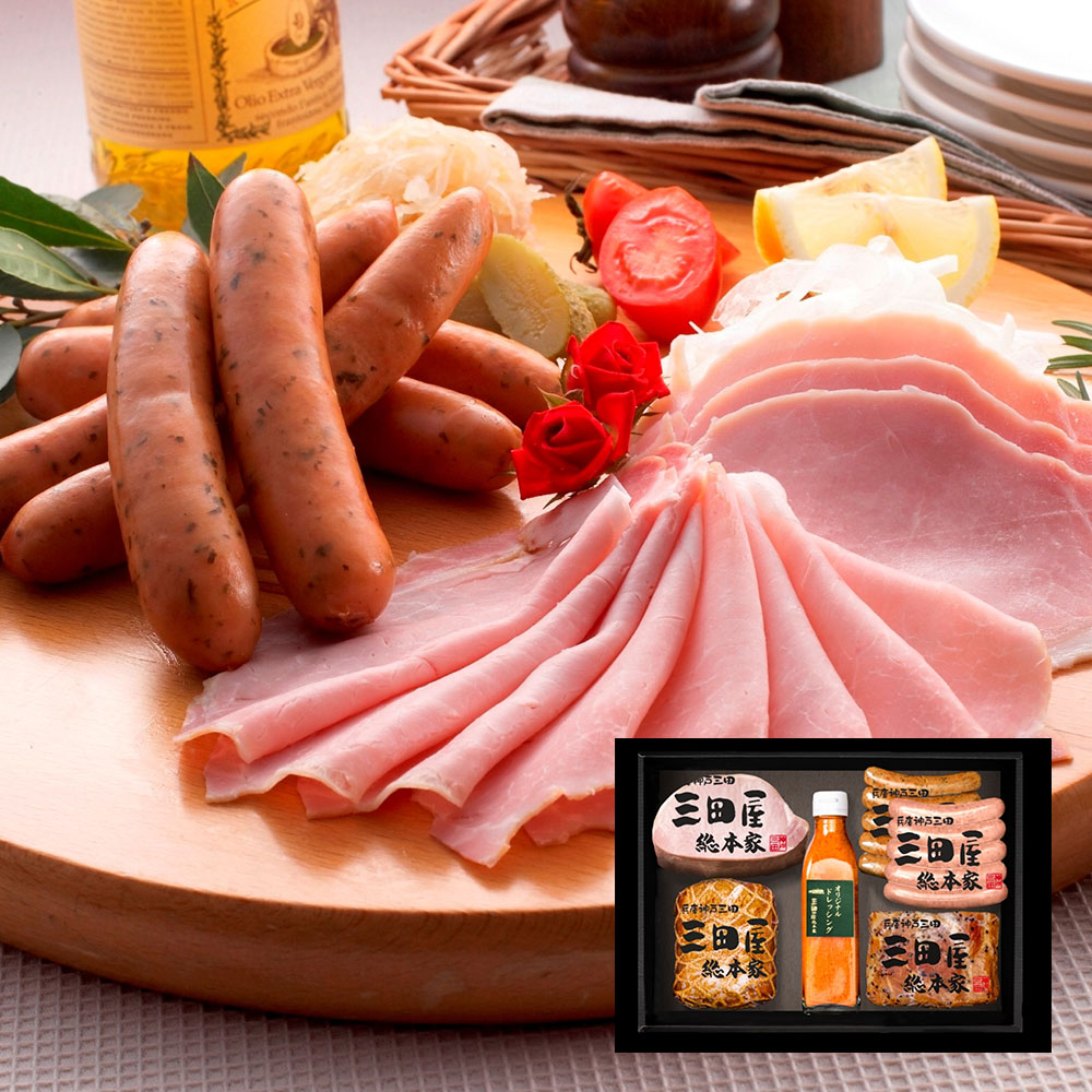 三田屋総本家人気のロースハムにモモハムそして粗挽き黒胡椒をまぶして焼き上げたペッパーハム、更に2種類の粗挽きウインナーが入ったセットです。